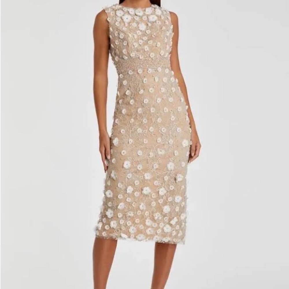 Mac Duggal Beige Floral Midi Dress